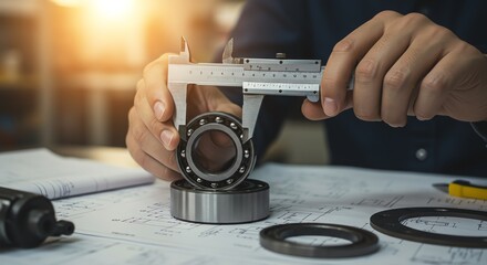 Engineer measuring bearing with calipers