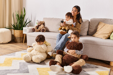 Creating joyful family moments as kids cuddle with mom and stuffed animals