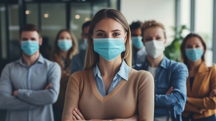 Group people wearing surgical masks. Professional group of professionals presenting video of diverse variety of realistic videos. Small office with a covid-19 mask and a lifestyle camera with depth.