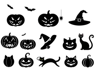 Collection of spooky halloween icons including pumpkins cats bats and witch hats