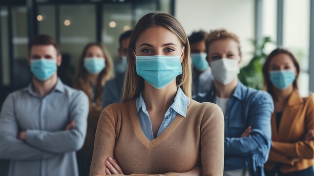 Group people wearing surgical masks. Professional group of professionals presenting video of diverse variety of realistic videos. Small office with a covid-19 mask and a lifestyle camera with depth.