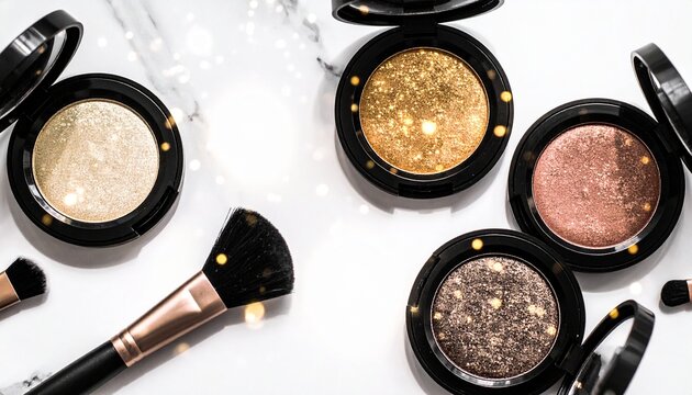 Close-up shot of various makeup products, including highlighters and a makeup brush, arranged on a white surface.