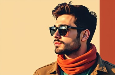 Fototapeta premium A stylish man wearing sunglasses and a scarf looks off into the distance against a warm, minimalist background