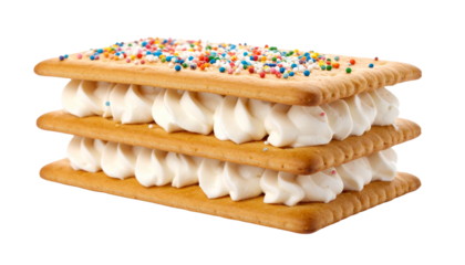 A delightful sandwich cookie with layers of creamy filling and colorful sprinkles