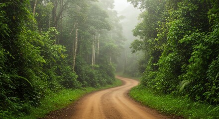 Forest road winding through lush green foliage