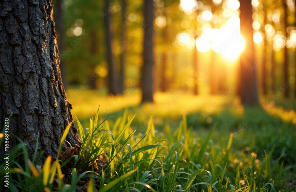 Aufkleber sunlight filters through a forest during golden hour illuminating grass and tree trunks