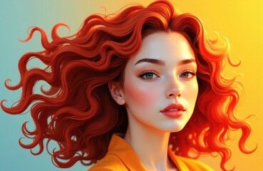 Woman with vibrant red curly hair looking at the camera with a confident expression