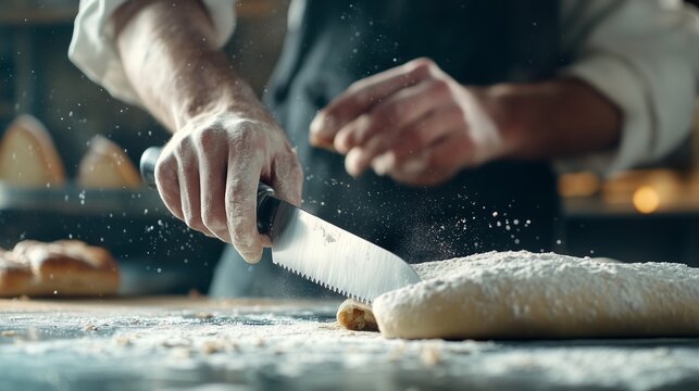 Chef cutting bread. Realistic video of bakery slicing dough with a knife. A field of 16:9 depth with a shallow field of precision. A cook lifestyle slicing bread.