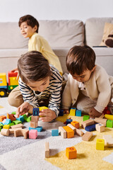 Obraz premium Siblings enjoying playtime together with colorful building blocks at home