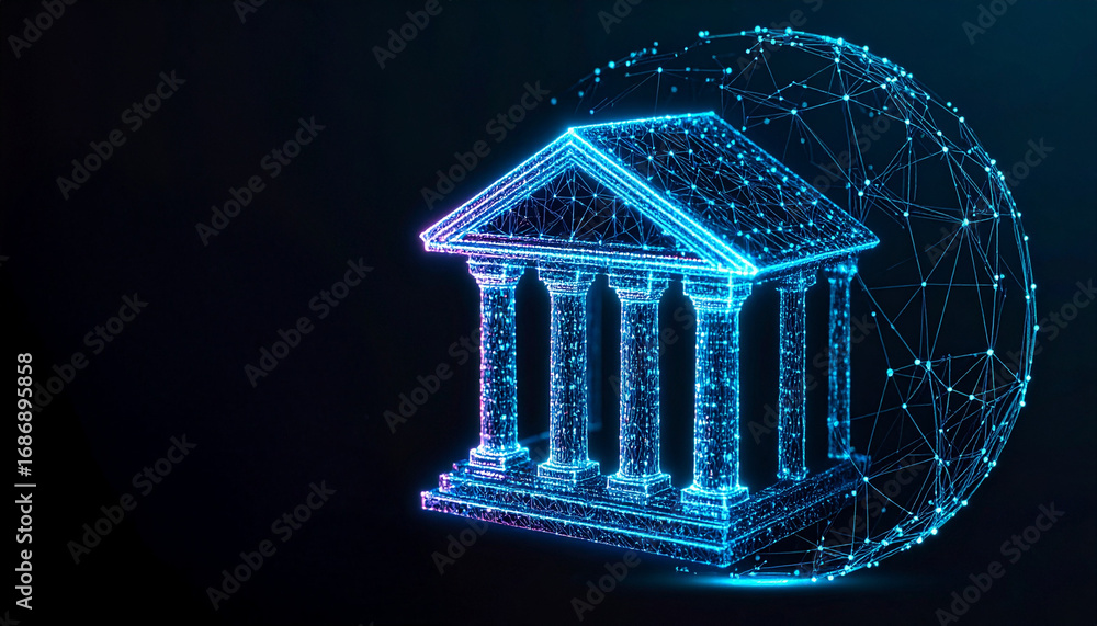 Poster a digital depiction of a building with a globe, illustrating the concepts of virtual finance and dig