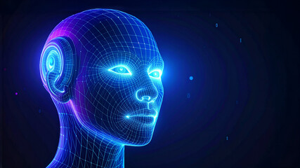 A mesmerizing digital art piece of a futuristic female cyborg with a glowing blue outline and elegant, ethereal features. The artwork is a stunning visualization of technology and the human form