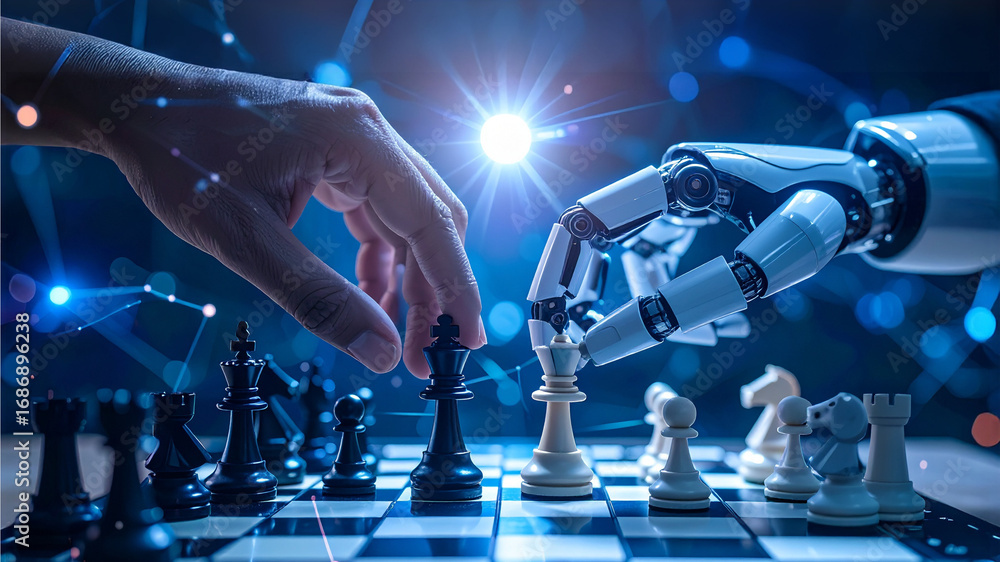 Poster human hand playing chess with robot hand showing the power of artificial intelligence in a technolog