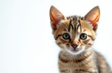 Obraz premium Cute tabby kitten with green eyes looking directly at the camera on a white background