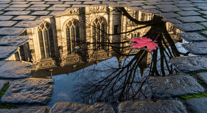 Photo of reflection of a gothic cathedral in a puddle on a cobblestone street with a single red maple leaf floating on the water surface