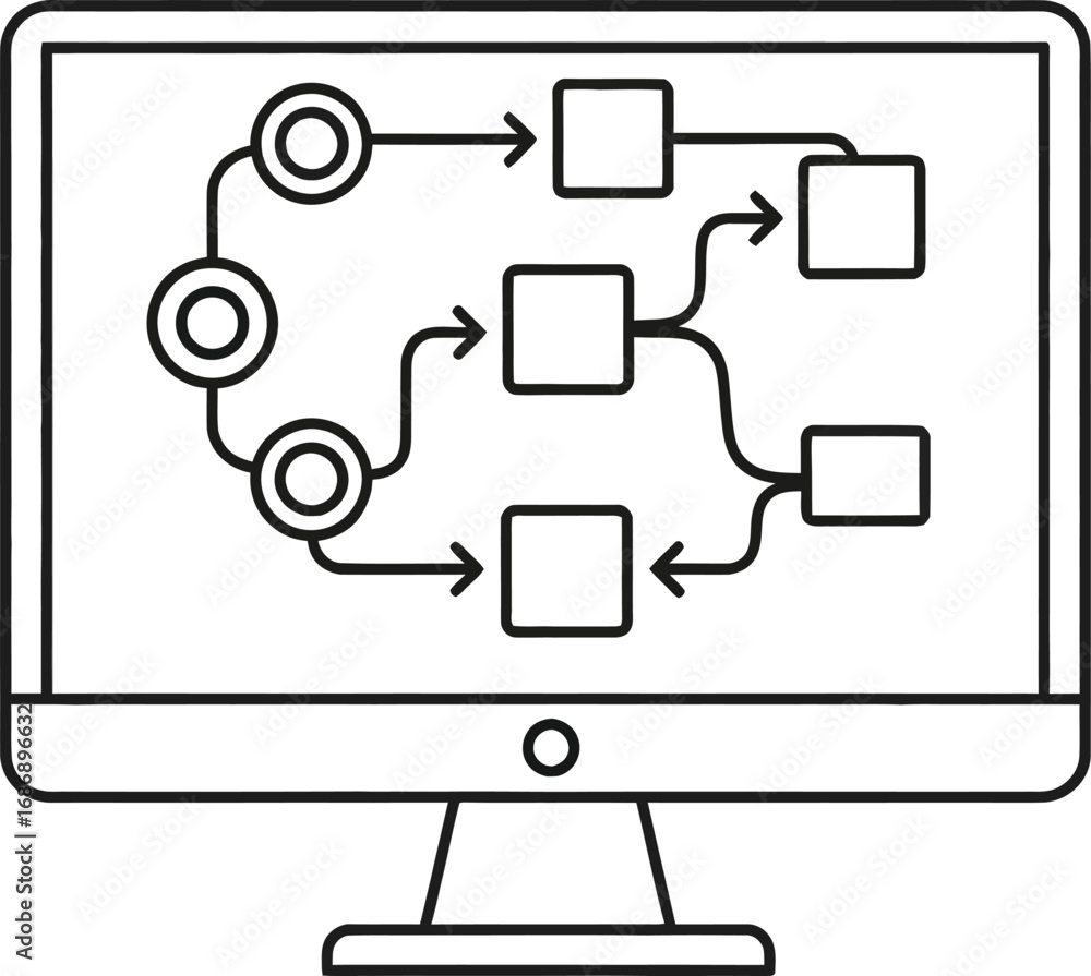Poster computer screen displaying a flowchart with circles and squares connected by arrows