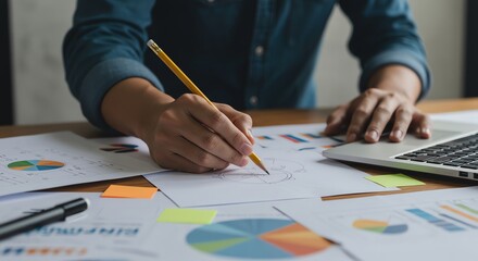 Person sketching diagrams with laptop and papers