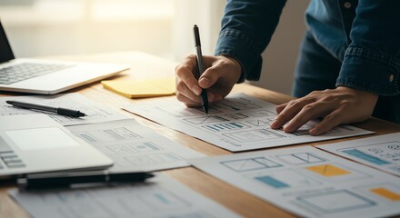 Person sketching website layout on desk