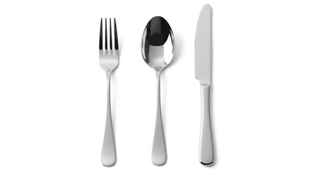 Silver fork, spoon, and knife isolated on white background, perfect for dining and cutlery set