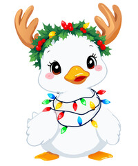 Adorable cartoon duckling wearing reindeer antlers and a festive christmas light necklace isolated on transparent background