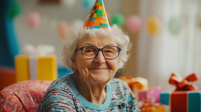 An older woman holding present. Woman is virtual birthday video of a woman. A party online with gifts loved by one. A mature woman carrying lifestyle a gift.