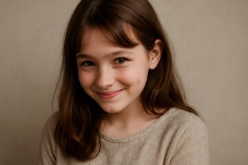 Portrait of a shy girl smiling and making eye contact, wearing a brown sweater on a light brown background