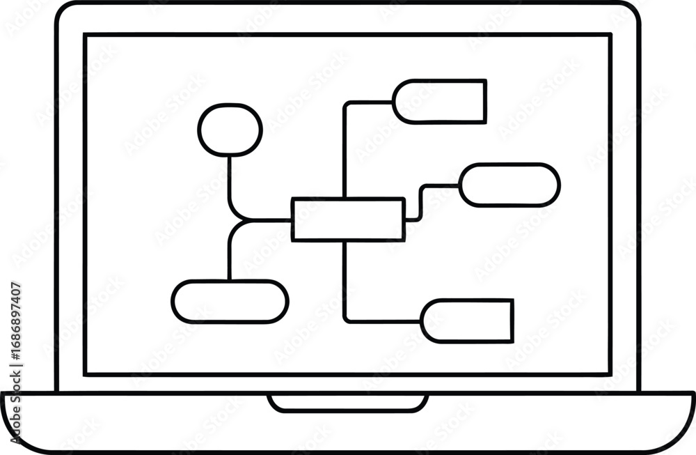 Poster laptop screen displays a flow chart diagram with connected shapes and lines