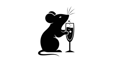 Elegant black silhouette of a mouse celebrating with a champagne glass.