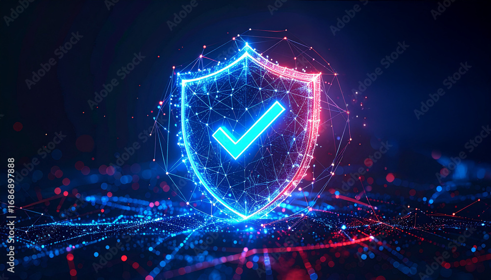Aufkleber a luminous digital shield with a check mark, symbolizing security and protection against threats. th