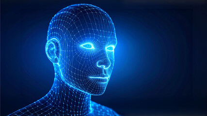 Obraz premium A futuristic digital human head with glowing eyes and a wireframe structure
