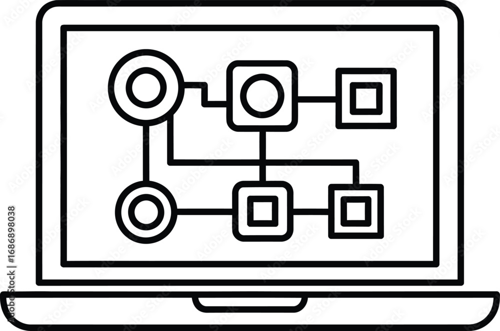 Poster laptop screen displays a flow chart with connected circular and square nodes