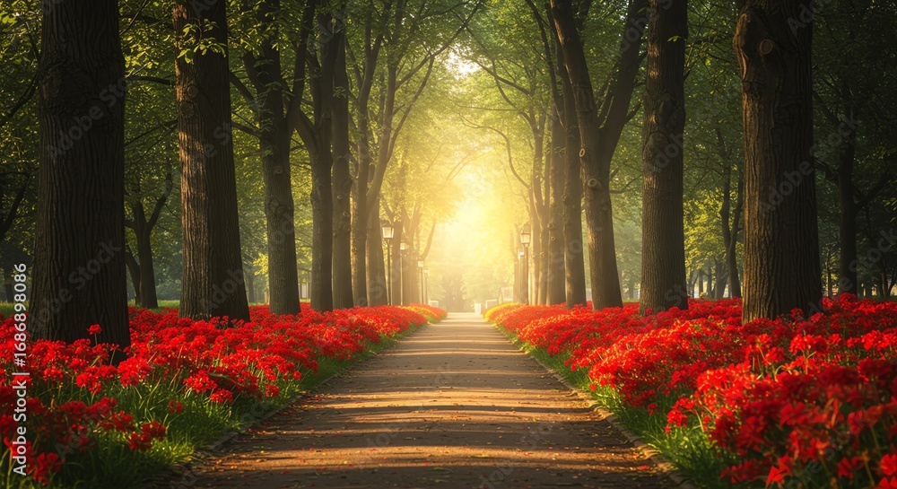 Poster tree lined path with red flowers