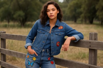 Young woman with long brown hair posing in denim clothing with colorful patches, leaning on a wooden fence in a rural environment