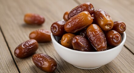 A collection of sweet brown dates spilling from a small white bowl onto a rustic plank surface