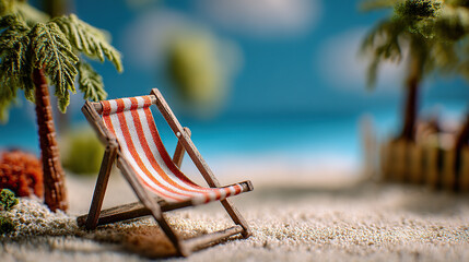 Colorful beach chair on sandy shore with small palm trees and distant ocean view during a sunny day