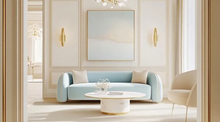 Elegant Living Room with Soft Blue Sofa and Neutral Decor