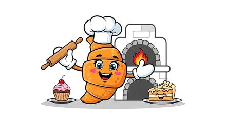 Cartoon croissant chef with baked goods isolated on white background, holding a rolling pin