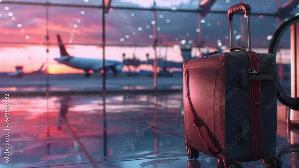 Poster a suitcase sits in front of a window with sunlight streaming in