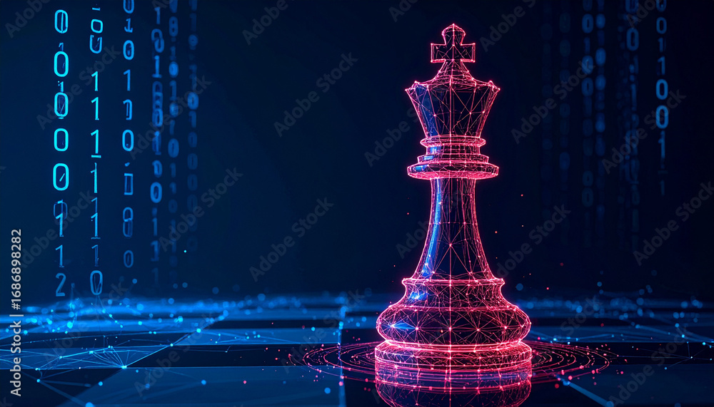 Poster a digital chess king with binary code, representing strategy and technology. the glowing king is pos