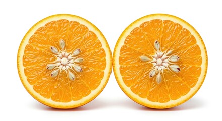 Two halves of a vibrant orange, isolated on white background, showcasing its juicy segments