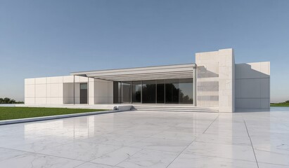 Modern minimalist building with large glass windows and a spacious tiled courtyard