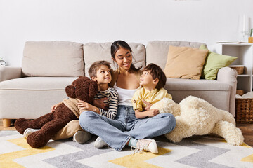 Cherished moments of young mother and her adorable boys enjoying family time together