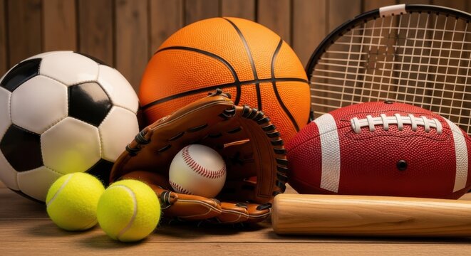 Collection of various sports equipment on a wooden surface