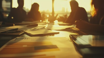 People sitting at table with papers and laptop. Realistic team of people discussing a sunset video. A collaborative project planning and strategizing office lifestyle space. Individuals gathered.