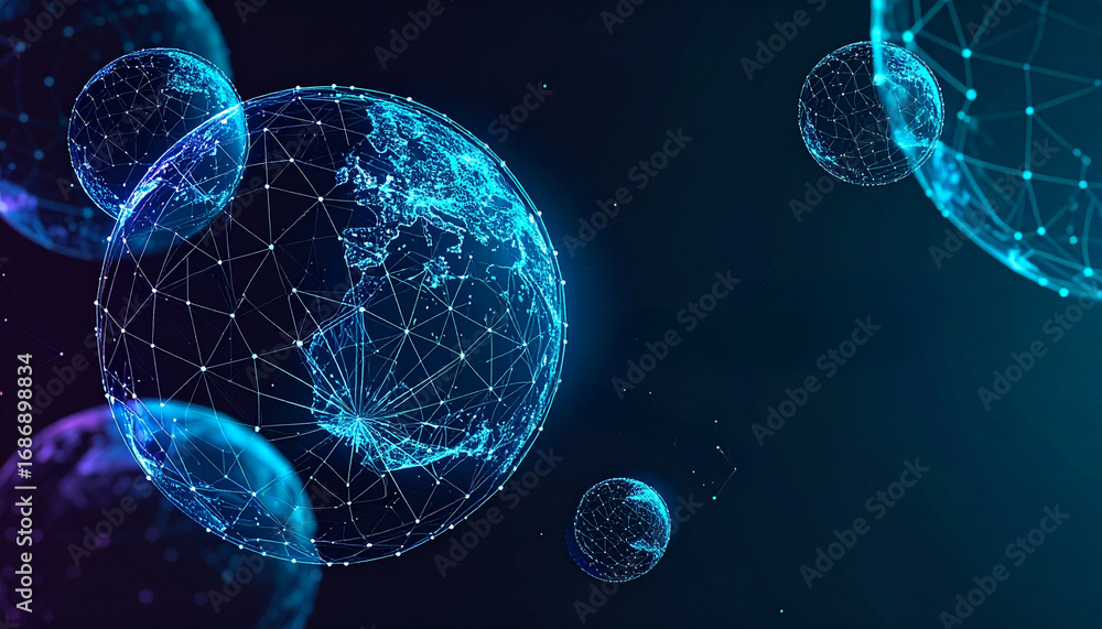 Poster futuristic digital spheres floating in space, representing interconnected networks and global data. 