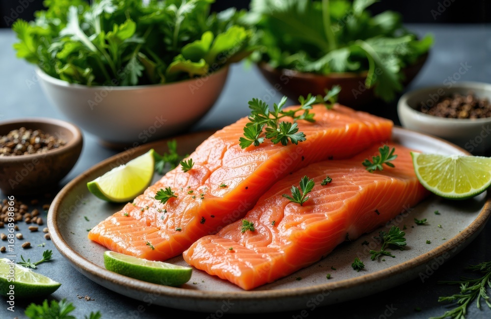 Poster fresh salmon fillets garnished with herbs and lime wedges on a rustic plate with herbs and spices in