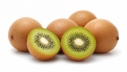 Fototapeta premium Fresh Ripe Kiwis on White Background - Whole and Halved with Green Flesh