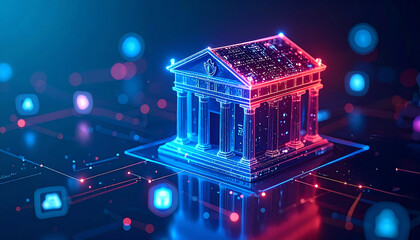 A digital bank building, symbolising the future of financial transactions in a connected world