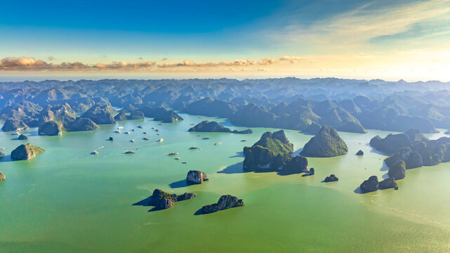 Aerial view of landscape Halong Bay, Vietnam view from adove. This is the UNESCO World Heritage Site, it is a beautiful natural wonder in northern Vietnam