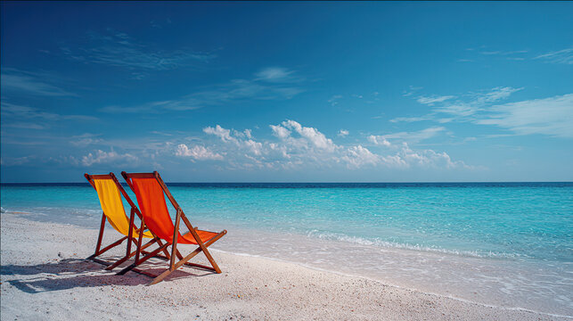 Relaxing beach chairs invite visitors to enjoy the serene ocean view on a sunny day in paradise
