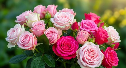 Delicate Bouquet of Pink and Red Roses with Dew Drops
